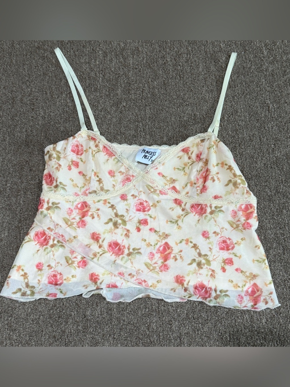Princess Polly Floral Lace-Trim Mesh Cami Top Size 8 / AU 12 Cottagecore